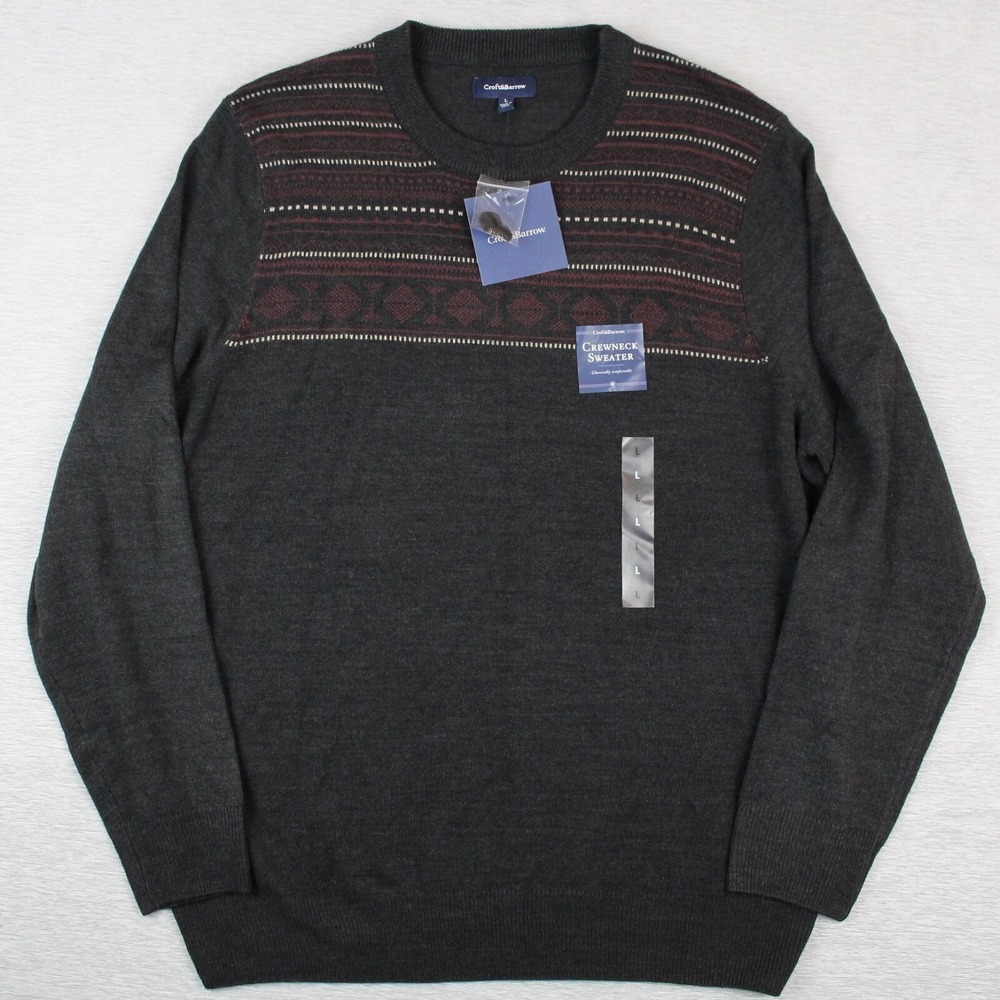 Croft & Barrow Sweater Mens L Black Red Crew Neck Acrylic Pullover NEW